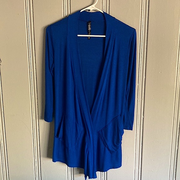 Gorgeous Royal Blue Front Angle Draped Cardigan With Pockets Size Small - Picture 3 of 12